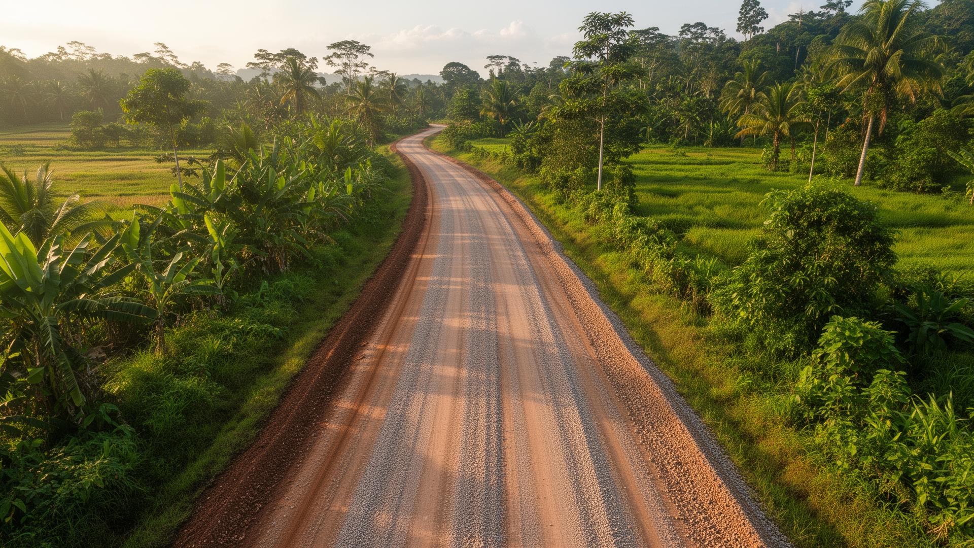Newly graded rural road through Sarawak countryside